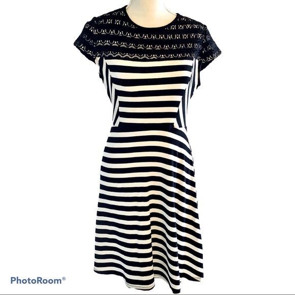 ELLE Lace Yoke Striped Fit & Flare Dress - Picture 5 of 8